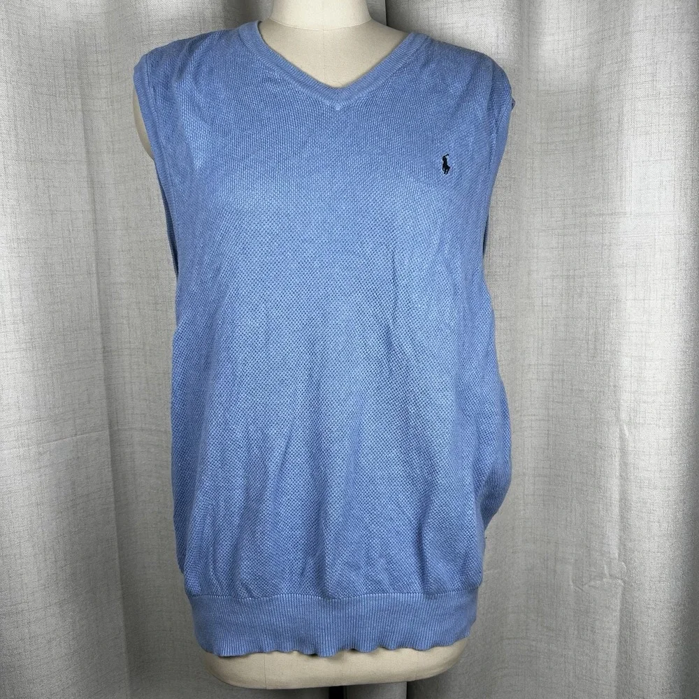 Vintage Polo Golf Ralph Lauren Blue‎ Knit Sweater Vest Men's XL Linen Cotton